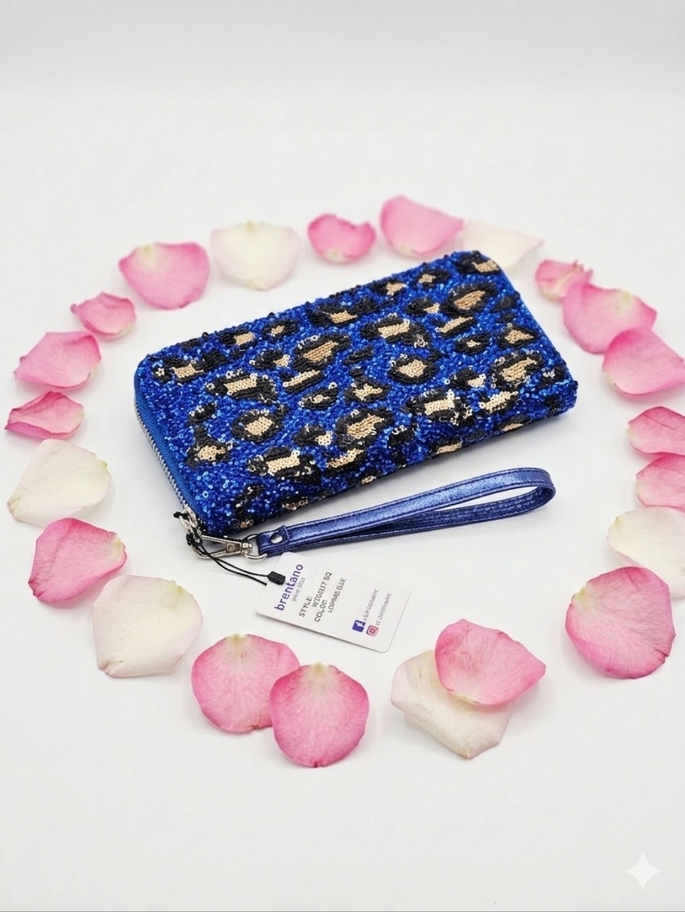 Brentano Blue Sequin Leopard Wristlet Wallet